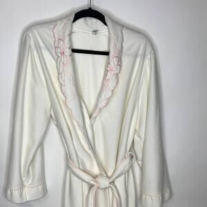Vintage Cream Robe Dressing Gown Pink Floral Embroidered Collar Sz Large